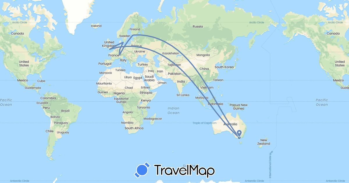 TravelMap itinerary: cycling in Australia, Switzerland, Germany, Denmark, Finland, United Kingdom (Europe, Oceania)